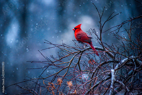 red cardinal on a tree branch in the snow