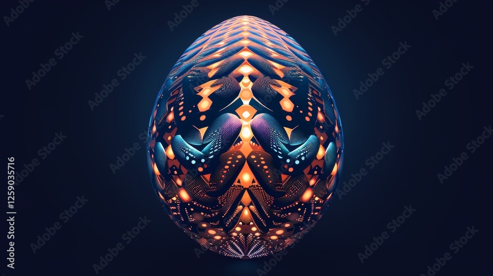 A futuristic cyber egg adorned with dynamic neon orange and blue patterns, set against a dark background. The striking symmetry and colors evoke a high-tech aesthetic. AI generated.