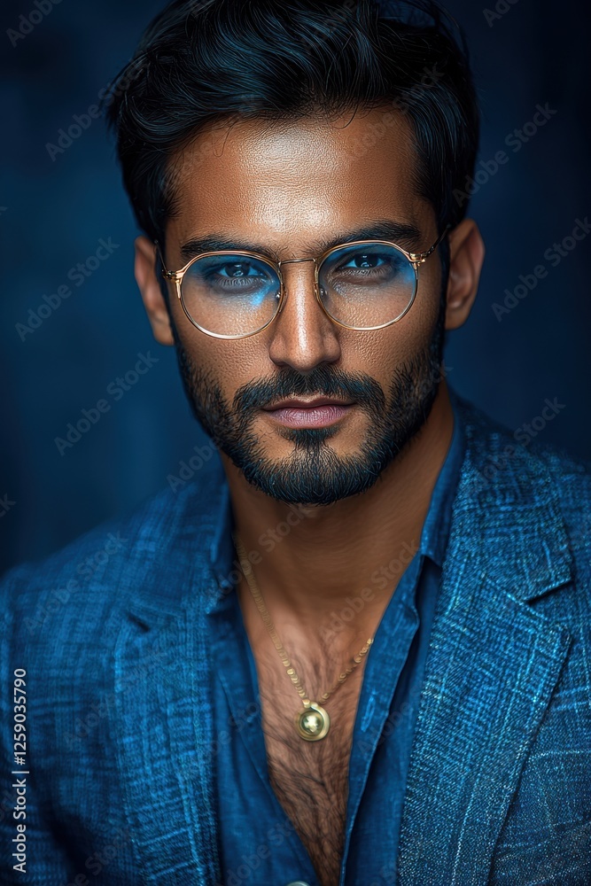 Fototapeta premium Stylish man poses confidently with glasses, showcasing modern fashion in a portrait taken indoors