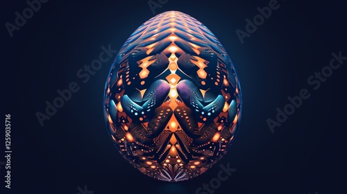 Obraz na płótnie A futuristic cyber egg adorned with dynamic neon orange and blue patterns, set against a dark background. The striking symmetry and colors evoke a high-tech aesthetic. AI generated. w salonie