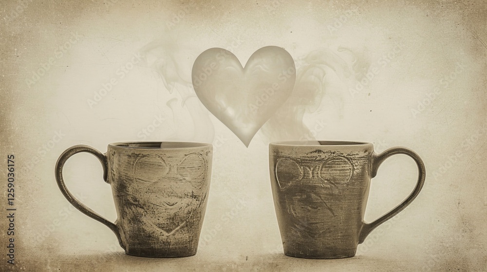 Two textured coffee mugs with a prominent heart-shaped steam above them, set against a muted vintage backdrop. Nostalgic and romantic. AI generated.
