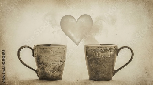 Obraz na płótnie Two textured coffee mugs with a prominent heart-shaped steam above them, set against a muted vintage backdrop. Nostalgic and romantic. AI generated. w salonie