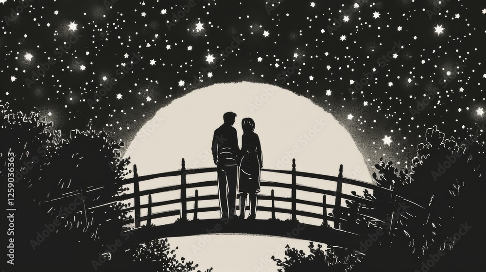 A silhouetted couple stands on a wooden bridge under a breathtaking starry sky, framed by lush trees. The full moon glows behind them, creating a dreamy, romantic atmosphere.