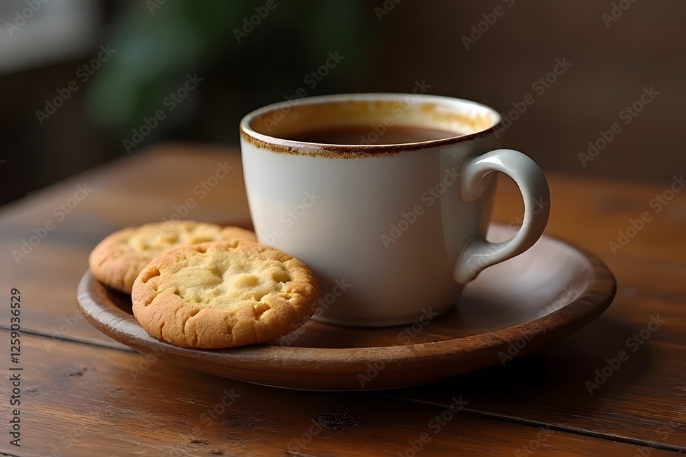 Hot coffee and cookies on a white saucer with a spoon Hot coffee and cookies on a white saucer with a spoon