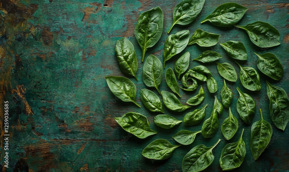 Fototapeta premium Fresh spinach leaves arranged in an artistic spiral pattern on a rustic wooden table, their deep green tones enhanced by natural light.