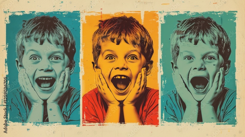A dynamic pop art triptych featuring a young child with an astonished expression. Each panel displays a different color treatment, evoking a sense of excitement and playfulness. AI generated.