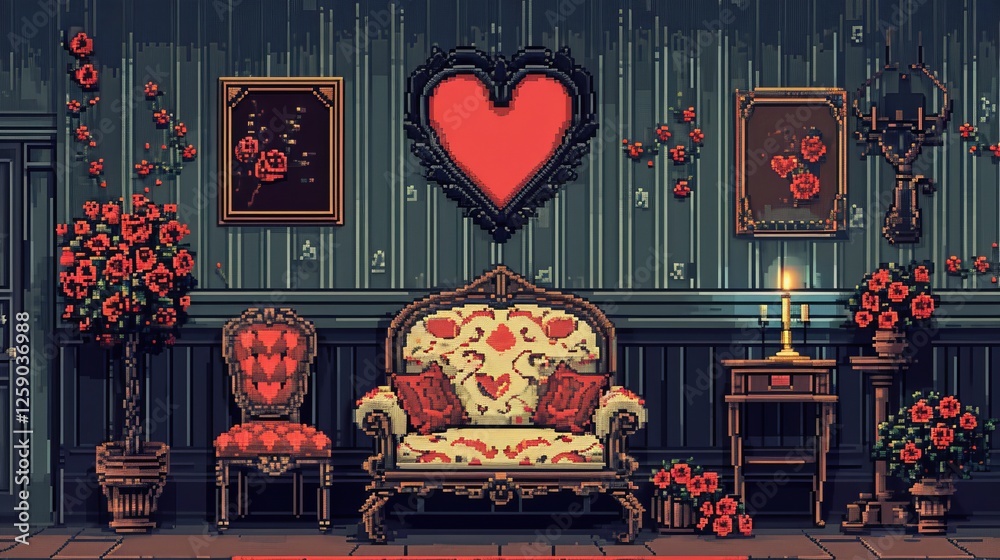 A charming pixel art illustration of a cozy vintage-inspired living room, featuring romantic heart-shaped decor, candlelight, and floral accents in a warm, nostalgic setting. AI generated.