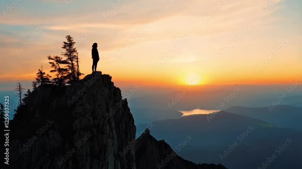 A person seated on a mountain peak, quietly watching the sunrise over a valley. A person seated on a mountain peak, quietly watching the sunrise over a valley.