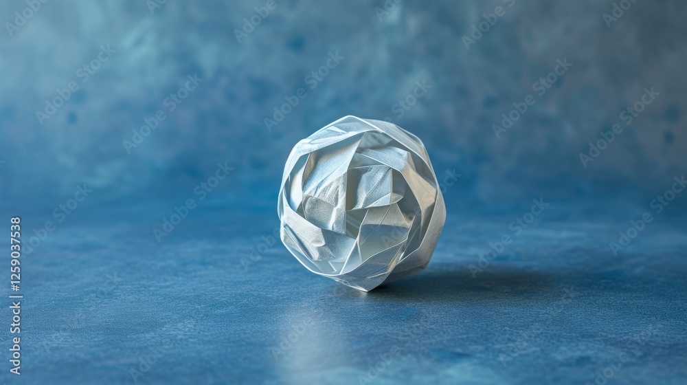 A white crumpled paper sphere rests on a textured blue background, evoking simplicity, imperfection, and creative experimentation. AI generated.