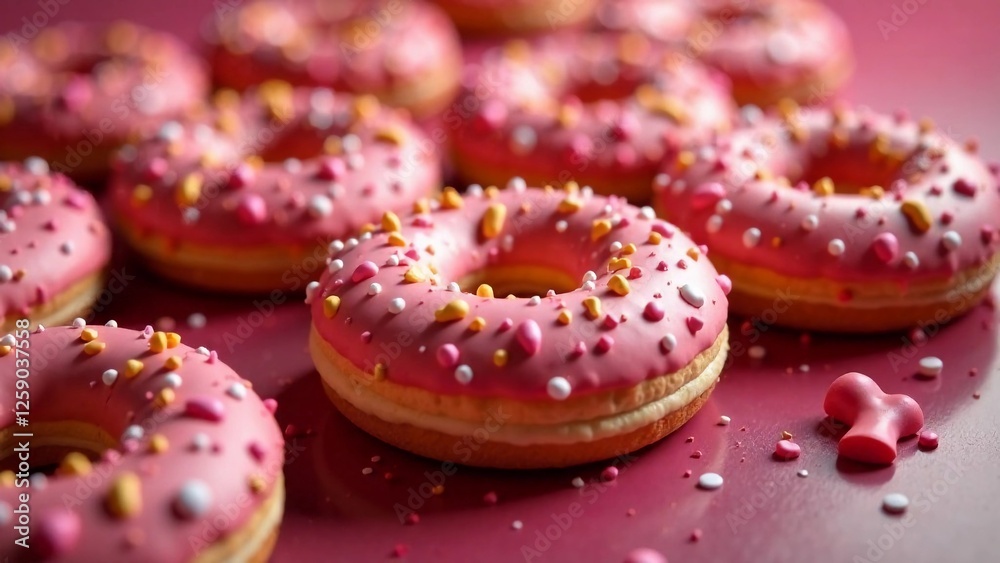 Pink donuts flat lay. The concept of a holiday Fat Thursday or Tlusty Czwartek in Poland, Debelnica in Slovenia. AI generated image Pink donuts flat lay. The concept of a holiday Fat Thursday or Tlusty Czwartek in Poland, Debelnica in Slovenia. AI generated image