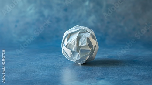 Obraz na płótnie A white crumpled paper sphere rests on a textured blue background, evoking simplicity, imperfection, and creative experimentation. AI generated. w salonie
