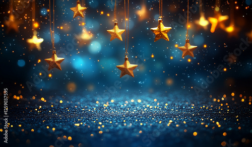 Gleaming starry sky background with golden bokeh lights, a night scene. 