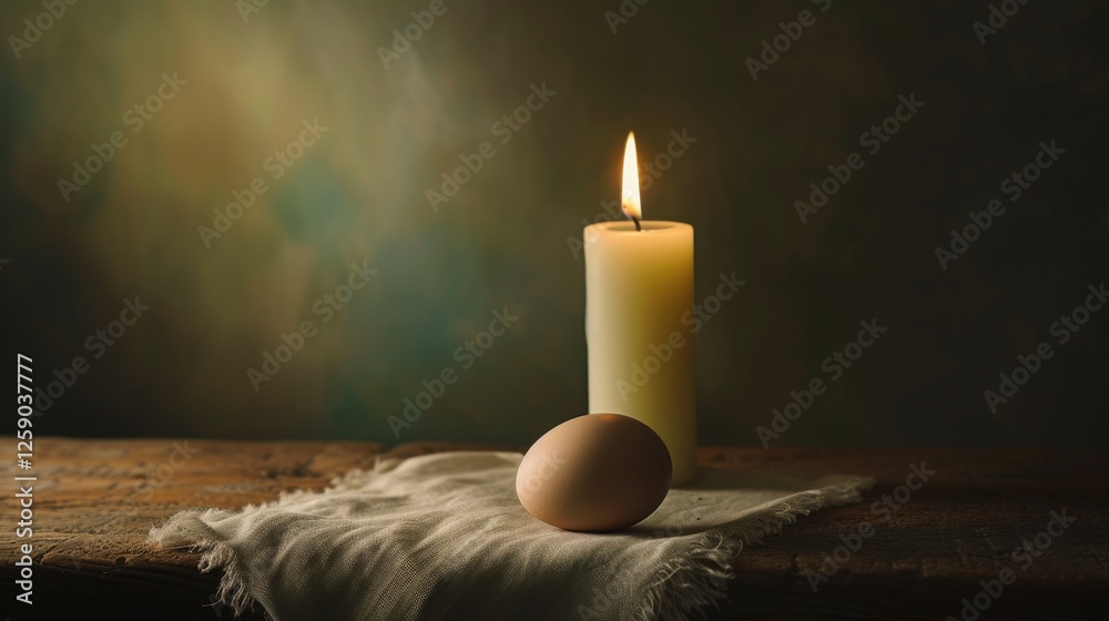 A single egg rests on a soft cloth atop a rustic wooden table, illuminated by the warm glow of a candle. The dimly lit scene evokes a sense of tranquility and simplicity. AI generated.