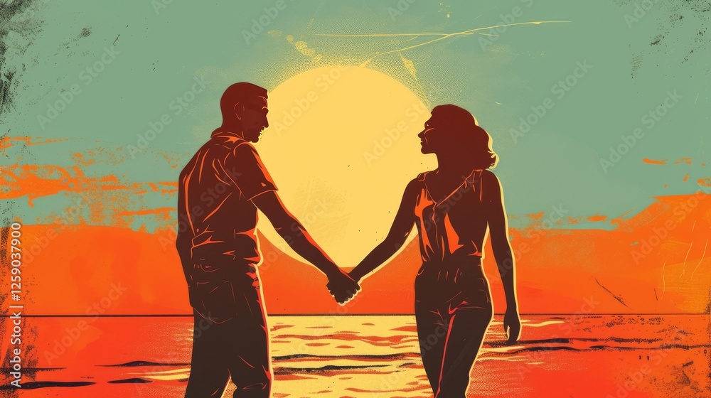 A vibrant and expressive digital artwork of a couple holding hands near the ocean as the sun sets, casting a golden glow. The vintage color palette enhances the nostalgic romance. AI generated.