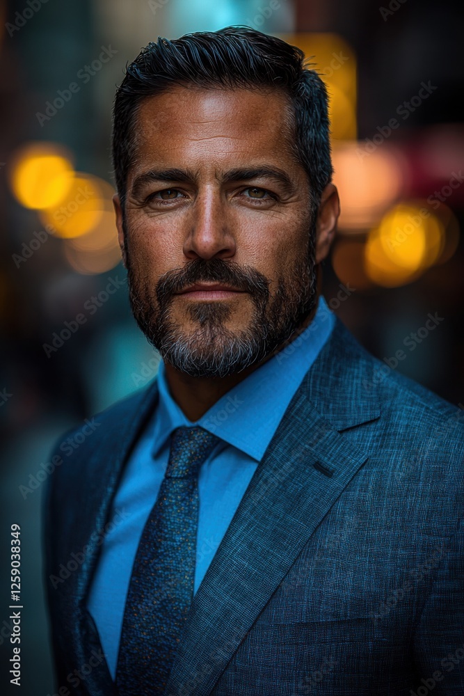 Professional man with a beard dressed in a suit smiling confidently in an urban setting during evening hours Professional man with a beard dressed in a suit smiling confidently in an urban setting during evening hours