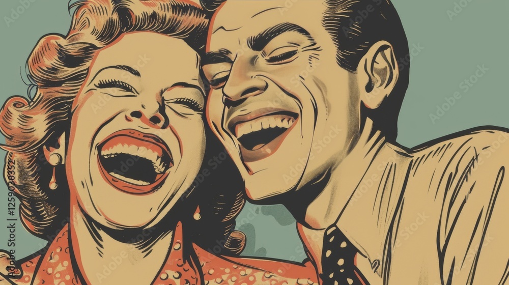 A vibrant pop art illustration of a cheerful couple laughing together, reminiscent of mid-century comic book aesthetics, featuring bold colors and high-contrast lines. AI generated.