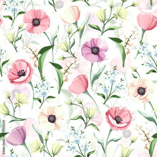 Seamless floral pattern with pink, purple, blue, and white flowers on a white background. Vector floral print