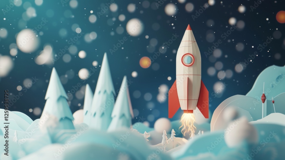 A 3D-rendered illustration of a red and white rocket launching into a snowy fantasy landscape, with stylized trees and a starry sky. Perfect for futuristic or holiday-themed concepts. AI generated.