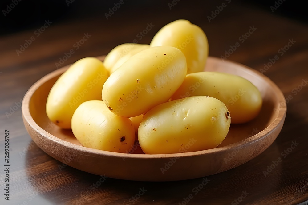 A bowl of fresh, raw potatoes on a wooden table, perfect for a healthy, organic Mediterranean snack or salad A bowl of fresh, raw potatoes on a wooden table, perfect for a healthy, organic Mediterranean snack or salad