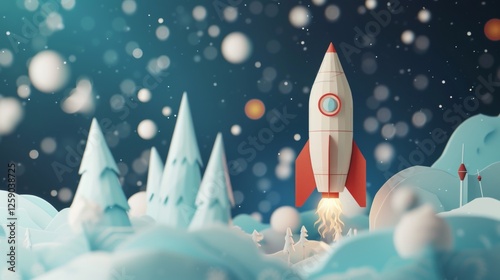 Obraz na płótnie A 3D-rendered illustration of a red and white rocket launching into a snowy fantasy landscape, with stylized trees and a starry sky. Perfect for futuristic or holiday-themed concepts. AI generated. w salonie