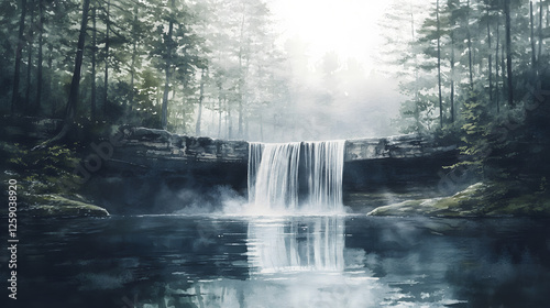 Serene Waterfall in Misty Forest - Tranquil Nature Scene
