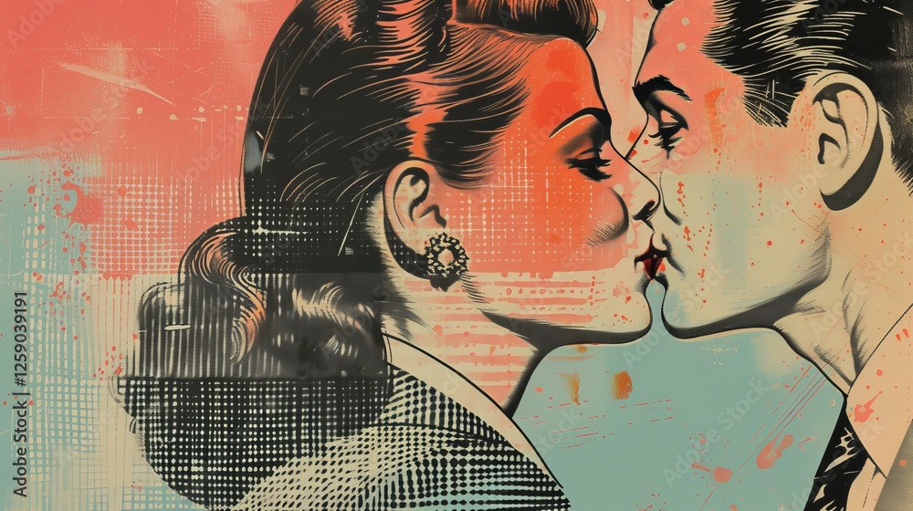 A modern pop art-style illustration of a couple sharing a kiss, with striking colors, halftone textures, and retro design elements creating a visually dynamic composition. AI generated.