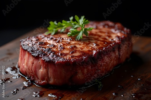 Grilled beef steak on a black plate with vegetables and salad photo