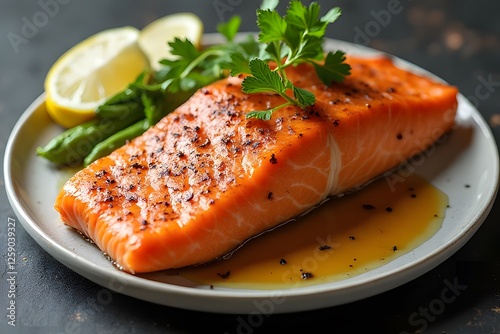 Grilled salmon steak with lemon and parsley served with vegetables on a plate photo