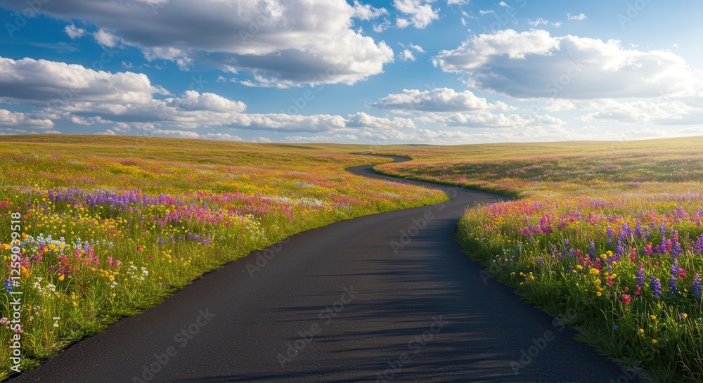 Naklejka premium Drive Through Wildflower Meadow with Winding Road and Blue Sky