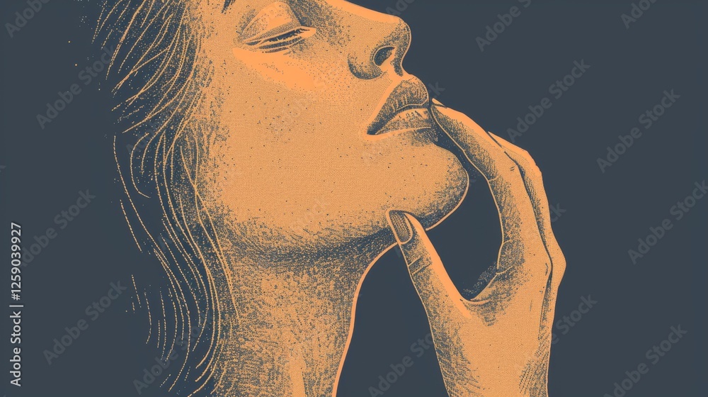 A detailed engraved portrait of a woman in profile, created in a classic vintage illustration style with textured shading on a dark background. AI generated.