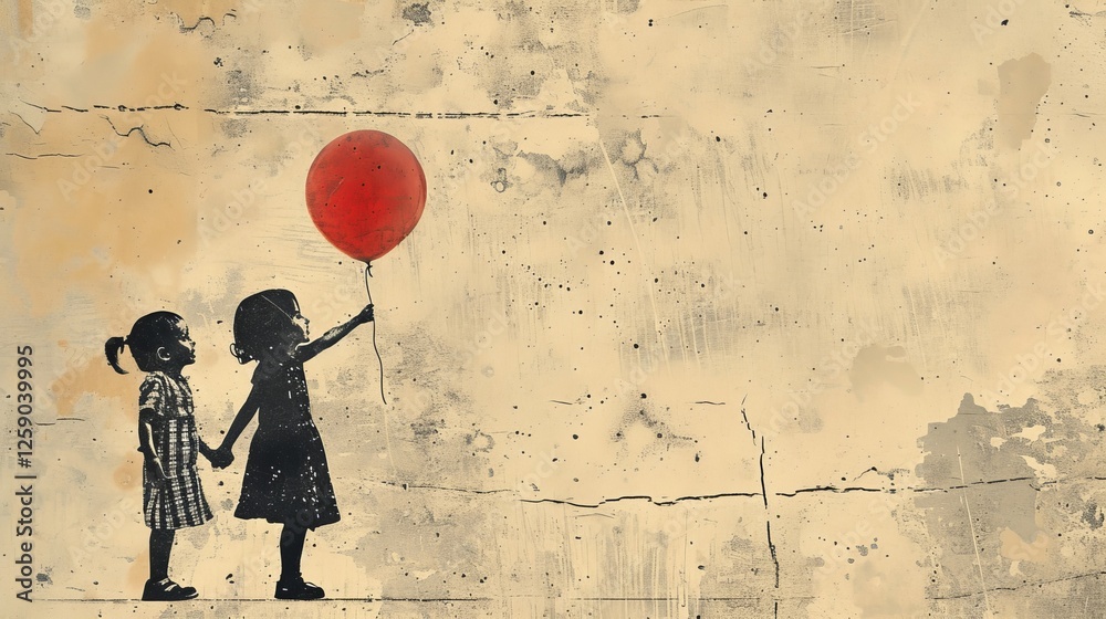 A touching vintage-inspired illustration of two young girls holding hands, with a red balloon floating, symbolizing friendship and innocence. AI generated.