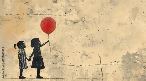 A touching vintage-inspired illustration of two young girls holding hands, with a red balloon floating, symbolizing friendship and innocence. AI generated.