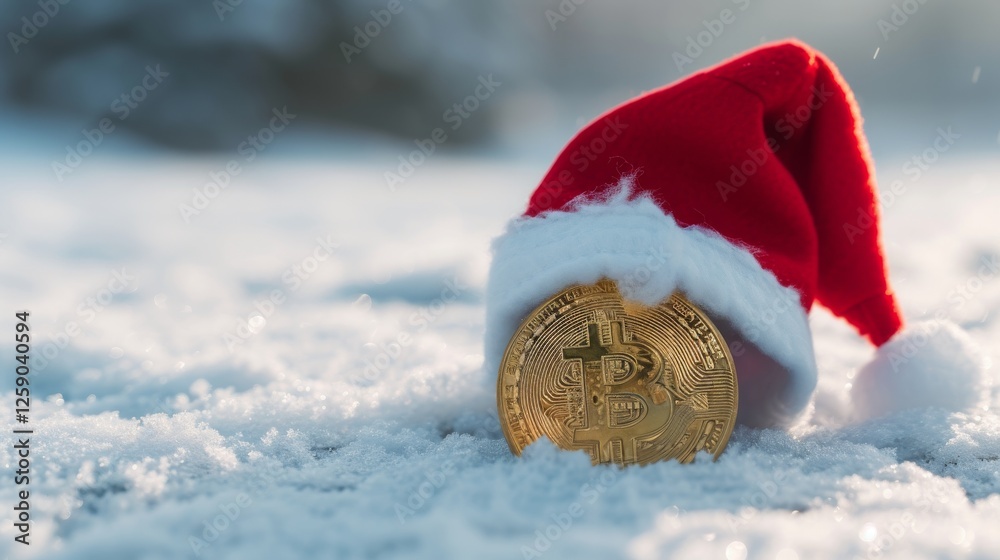 A golden Bitcoin coin partially buried in fresh snow, topped with a festive red Santa hat, symbolizing cryptocurrency during the holiday season. AI generated.