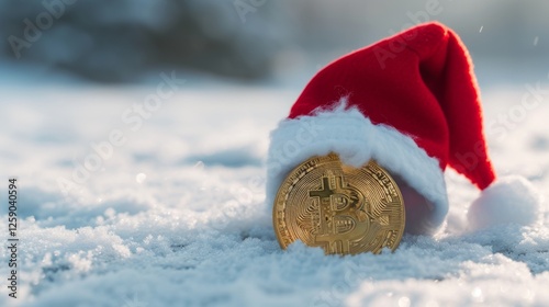 Obraz na płótnie A golden Bitcoin coin partially buried in fresh snow, topped with a festive red Santa hat, symbolizing cryptocurrency during the holiday season. AI generated. w salonie