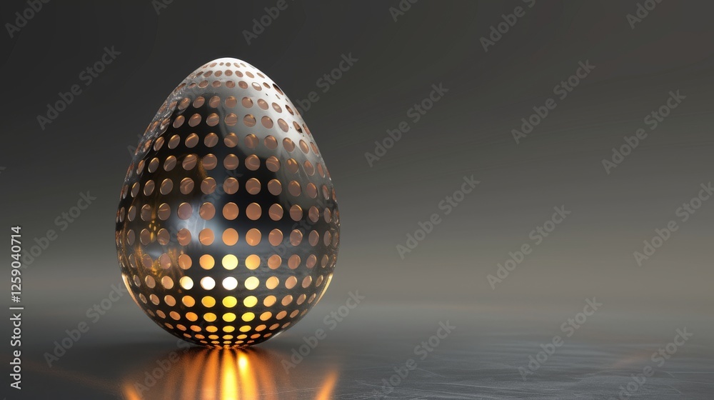 A sleek metallic egg with a pattern of glowing perforations sits on a reflective surface, blending minimalism and futuristic design. Perfect for AI, technology, and innovation concepts. AI generated.