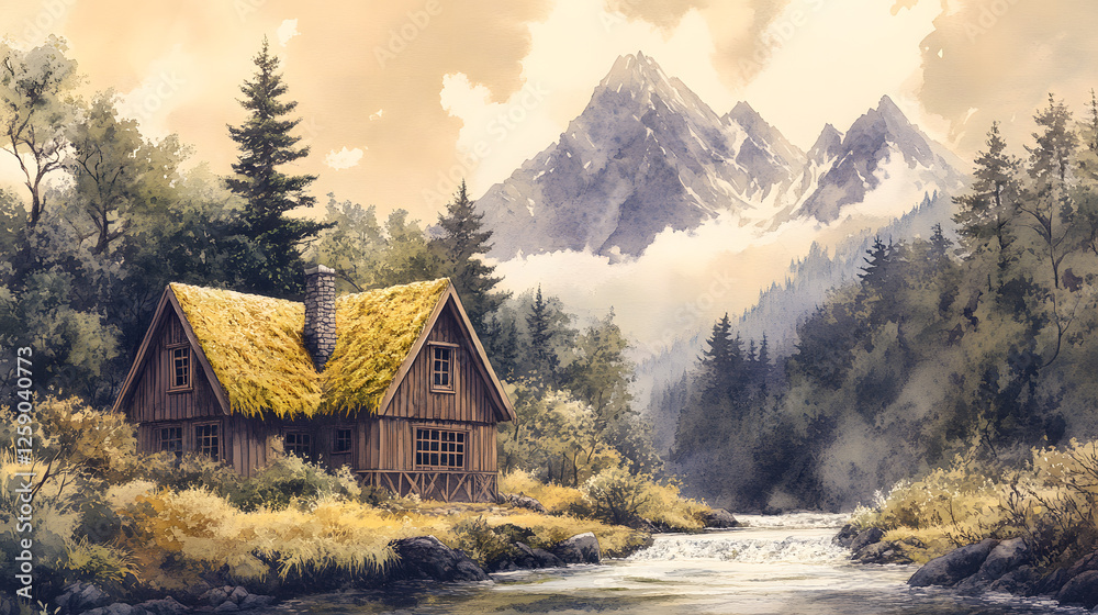 Obraz premium Secluded Mountain Cabin by a Tranquil River