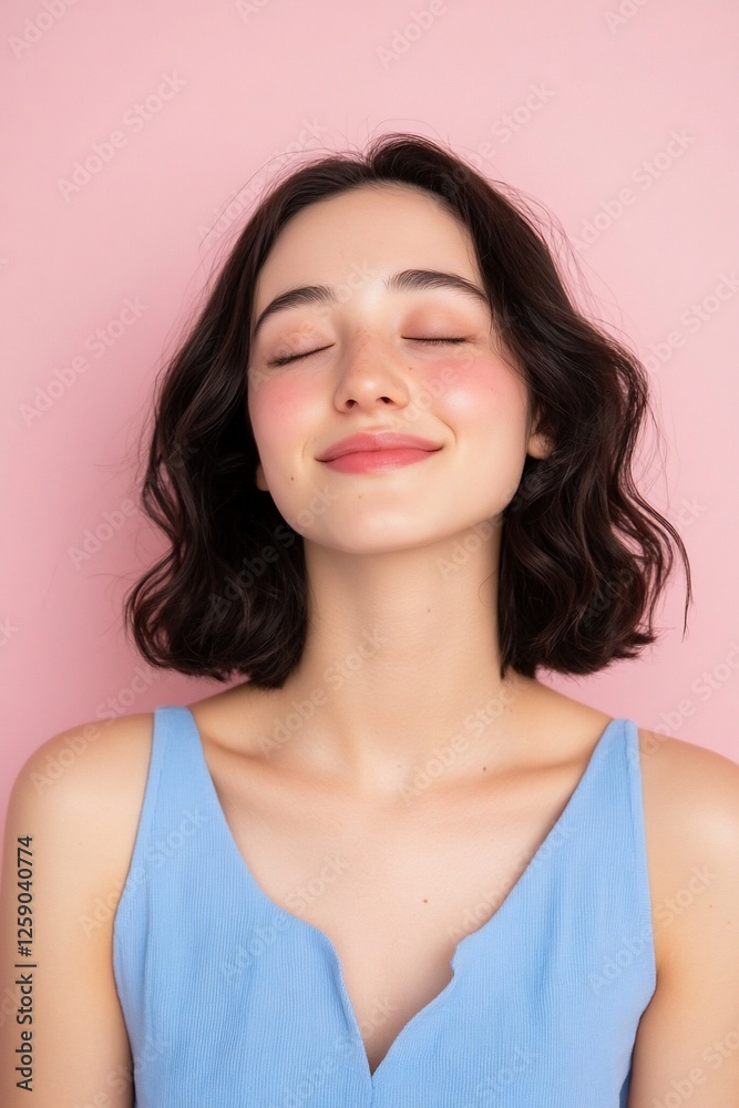 Relaxed Woman Studio Portrait, Pastel Background Relaxed Woman Studio Portrait, Pastel Background
