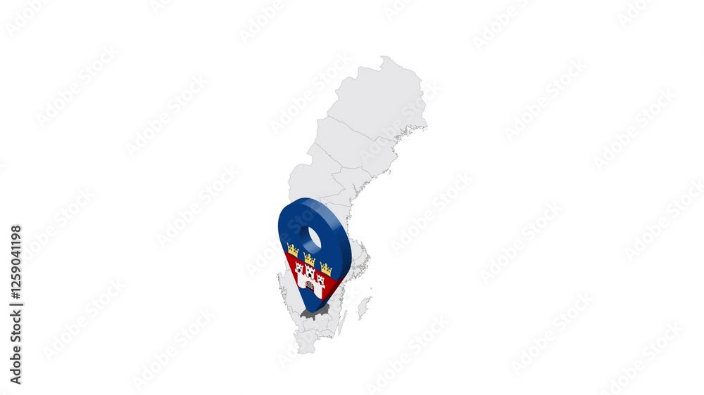 Location Jonkoping County on map Sweden. 3d Jonkoping County  flag map marker location pin. Map of Sweden showing different parts. Sweden. 4K.  Animated Video