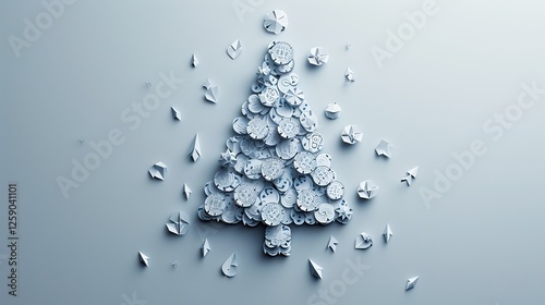 A creative Christmas tree arrangement crafted from mechanical gears and folded paper elements, set against a minimalistic background. The monochrome palette adds a modern, futuristic aesthetic. AI