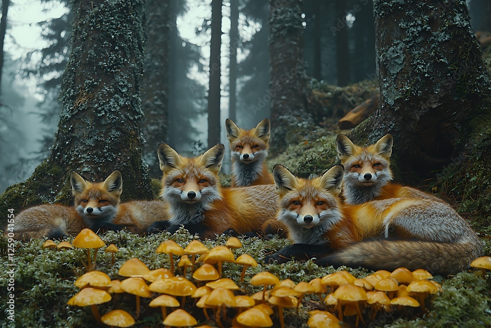 Fototapeta premium Dense forest with moss covered trees mushrooms sprouting and a family of foxes resting nearby