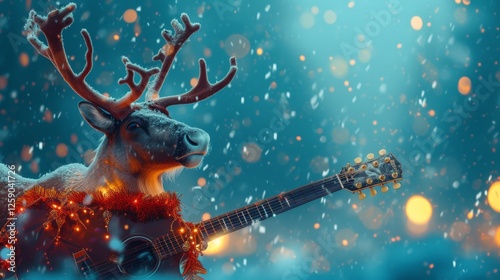 A reindeer adorned with Christmas decorations, holding a guitar against a snowy background. The festive scene is illuminated with warm lights, creating a magical holiday atmosphere. AI generated.