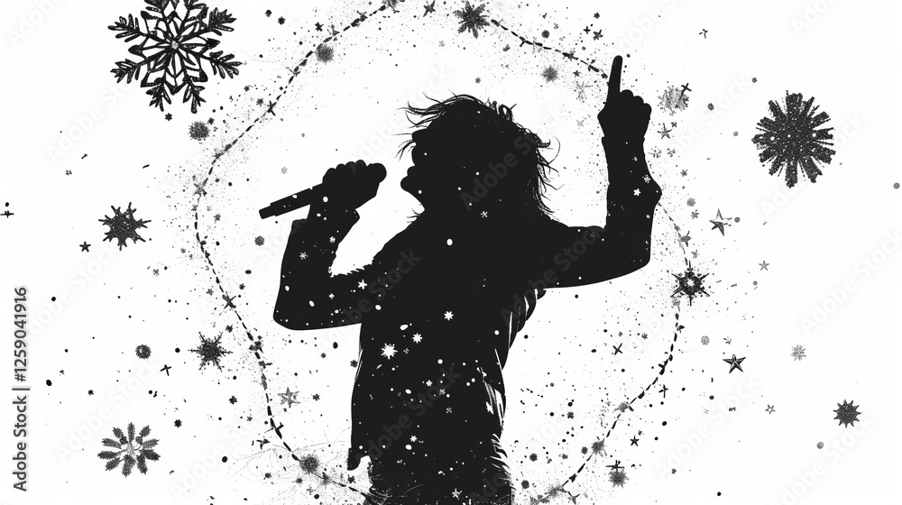 A bold and energetic silhouette of a singer, holding a microphone and raising a hand, surrounded by snowflakes and abstract artistic splatters, evoking a winter concert atmosphere. AI generated.