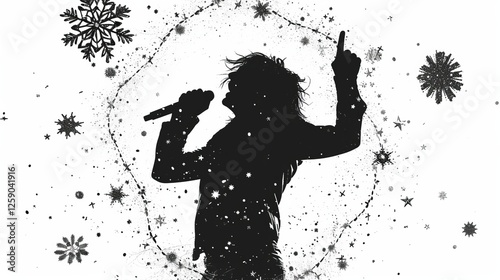 Obraz na płótnie A bold and energetic silhouette of a singer, holding a microphone and raising a hand, surrounded by snowflakes and abstract artistic splatters, evoking a winter concert atmosphere. AI generated. w salonie