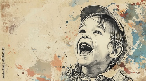 Obraz na płótnie A portrait of a laughing child in a sepia-toned artistic style, set against a textured abstract background, blending innocence with a vintage artistic touch. AI generated. w salonie