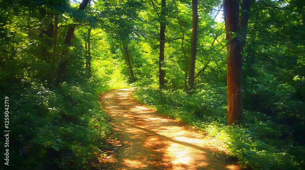 Obraz premium Sunlit Path Through Lush Green Forest