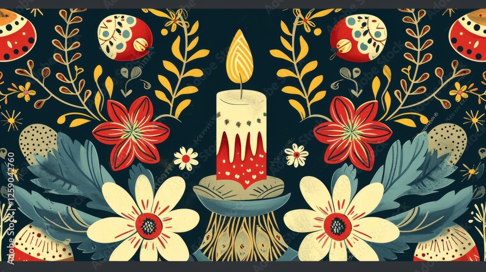 A charming folk art illustration featuring a candle surrounded by red and white flowers, leaves, and decorative elements on a dark background. Perfect for holiday and seasonal themes. AI generated.