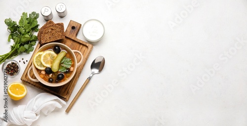 Pot of tasty hodgepodge soup, bread, spices and sour cream on white background with space for text photo