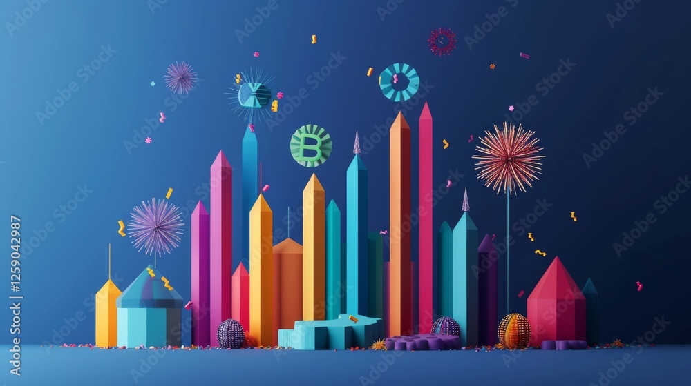 A 3D-rendered digital illustration of a futuristic cityscape composed of geometric skyscrapers in vibrant colors with floating elements, set against a dark blue background. AI generated.