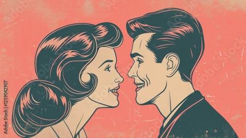 Obraz na płótnie A vibrant retro pop art illustration of a joyful man and woman gazing into each other w salonie