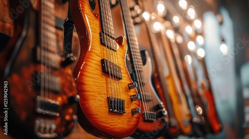 A Collection of Exquisite Bass Guitars Displayed on a Rustic Wall
